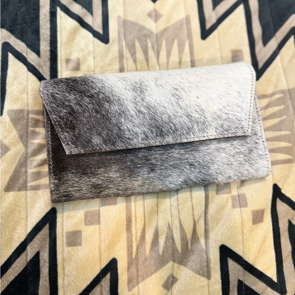 Gray and White Cowhide Clutch Wallet